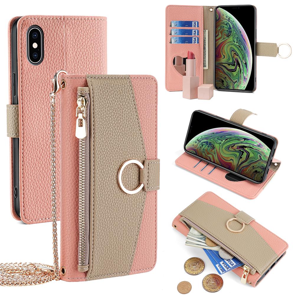 

For iPhone XS Max Leather Case Wallet Phone Bag Cover Stand with Chain Strap - Grey E
