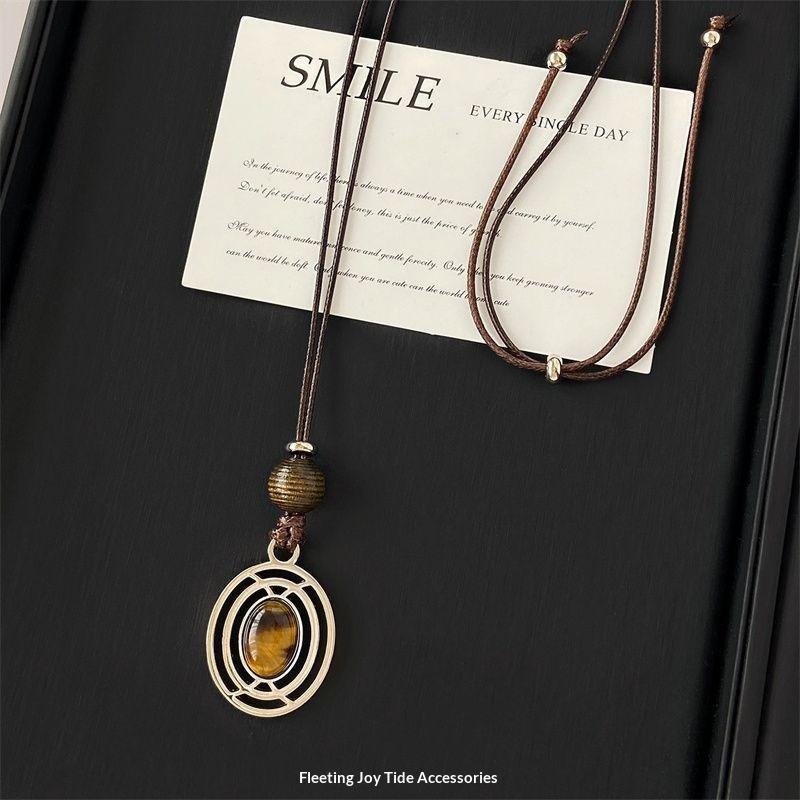 Vintage Brown Tiger Eye Stone Pendant Necklace For Women Fashion Long Rope Sweater Chain Necklaces