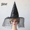 Mesh Witch Hat with Roses Halloween Star Hat Veil Rose Feather Cone Black Costume Headwear for Women Gothic Party Headwear Adult Cosplay Accessory