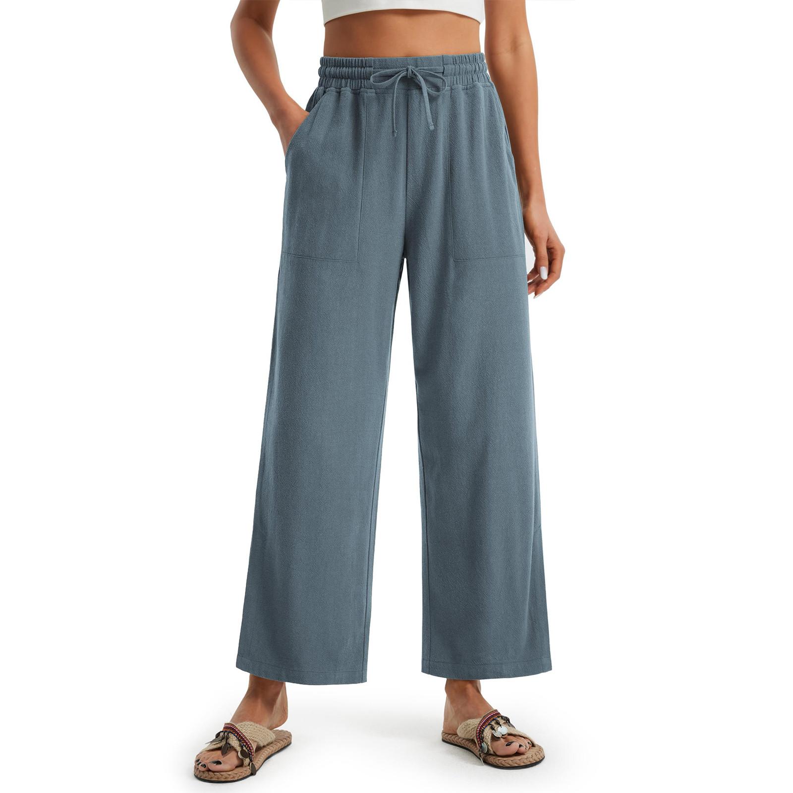 

Женские льняные брюки с широкими штанинами, эластичные брюки-палаццо с высокой талией, повседневная свободная одежда для пляжного отдыха с карманами S хаки