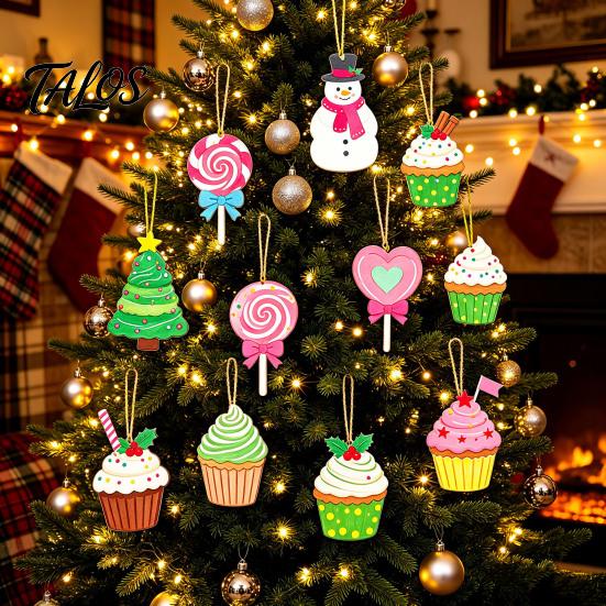 Holiday Hanging Pendants Christmas Wooden Ornament, Lollipop Cupcake Ice Cream Popsicle Cute Snowman Decor Decorations for Xmas Tree, Window,