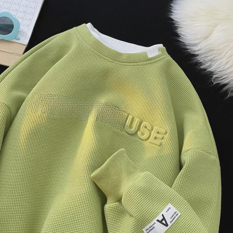 

Трендовая мужская толстовка 2023 года, плотная, авокадово-зеленая, вафельная, с круглым вырезом, без капюшона, с имитацией многослойного длинного рукава. M зелёный