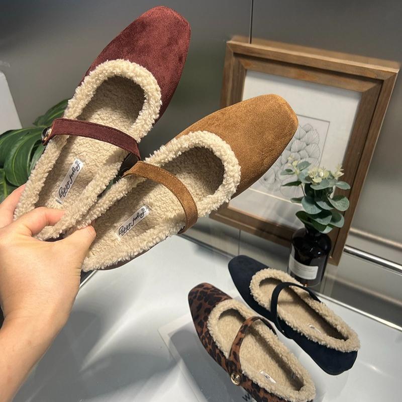 Comfort Leopard Suede  Flat Shoes Autumn Winter Fluffy Warm Soft Mary Jane Shoes Ladies Elegant Party Dress Shoes Pumps