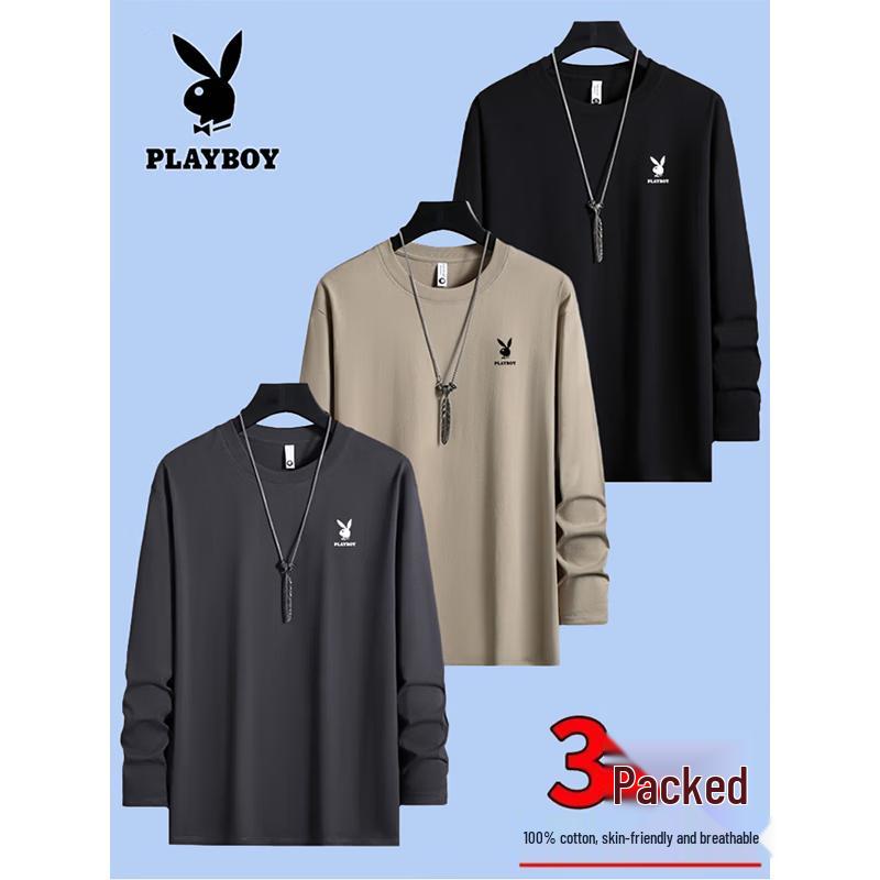 PLAYBOY Men s 3-Pack Long Sleeve Cotton Crew Neck T-Shirts 4XL
