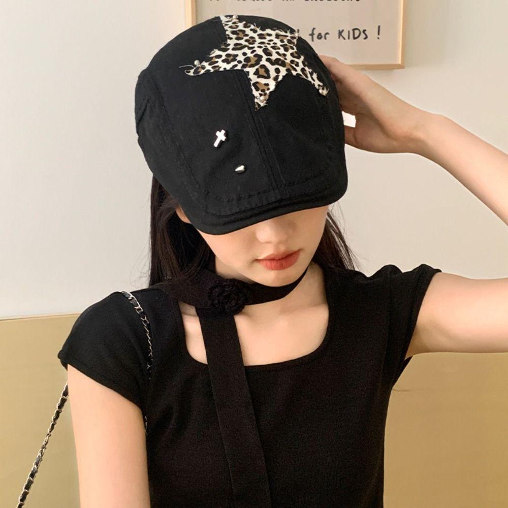 

Leopard Print Painter Hat British Peaked Cap Sweet Star Leopard Beret Outdoor серый