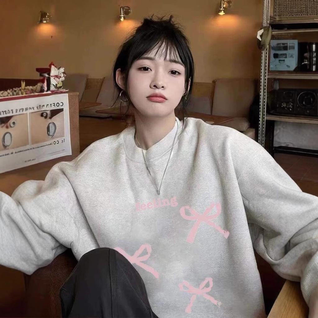 American bow printing fleece thickened sweater female student autumn and winter women's loose round neck pullover trendy