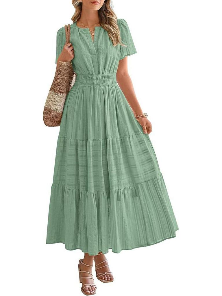 2025 Trendiges V-Ausschnitt Gerafftes Puffärmel Damenkleid