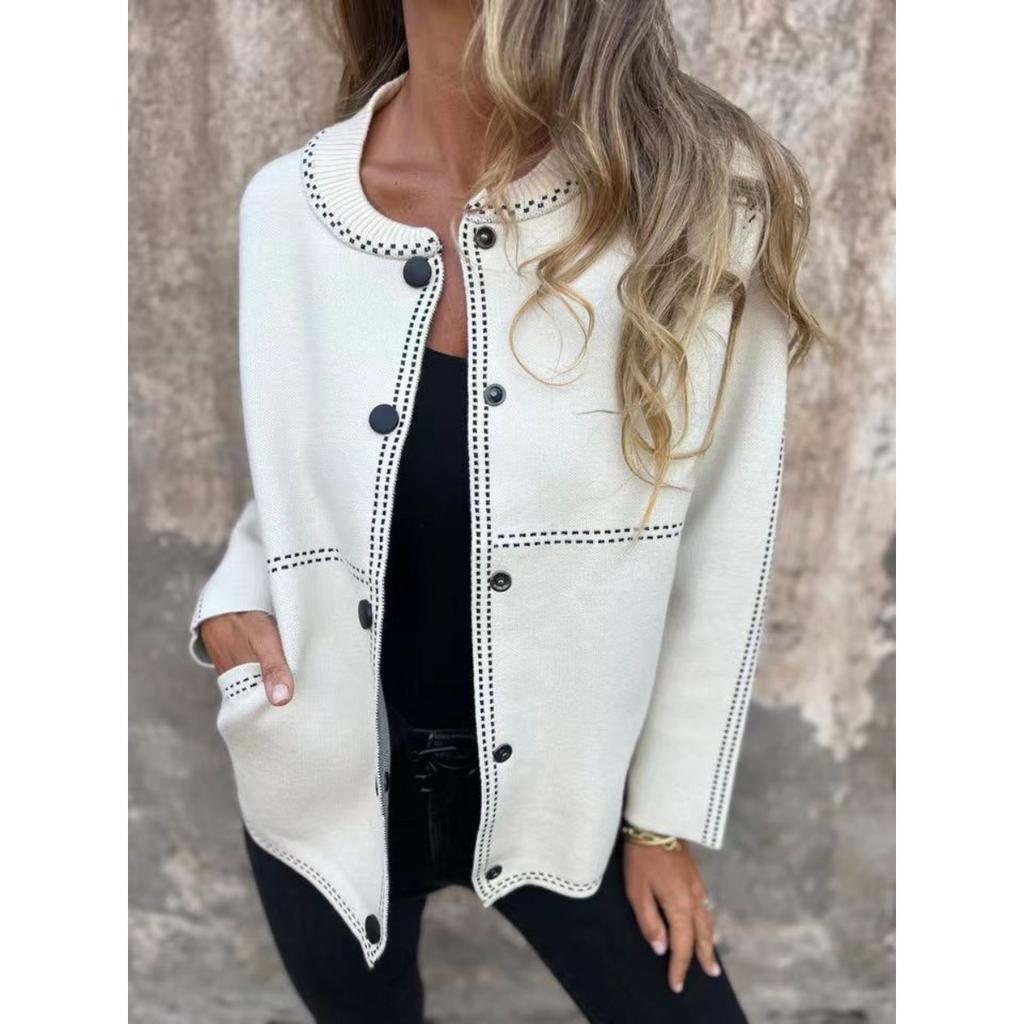 2025 Autumn Winter New Striped Loose Round Neck Button Long Sleeve Versatile Sweater Coat for Women