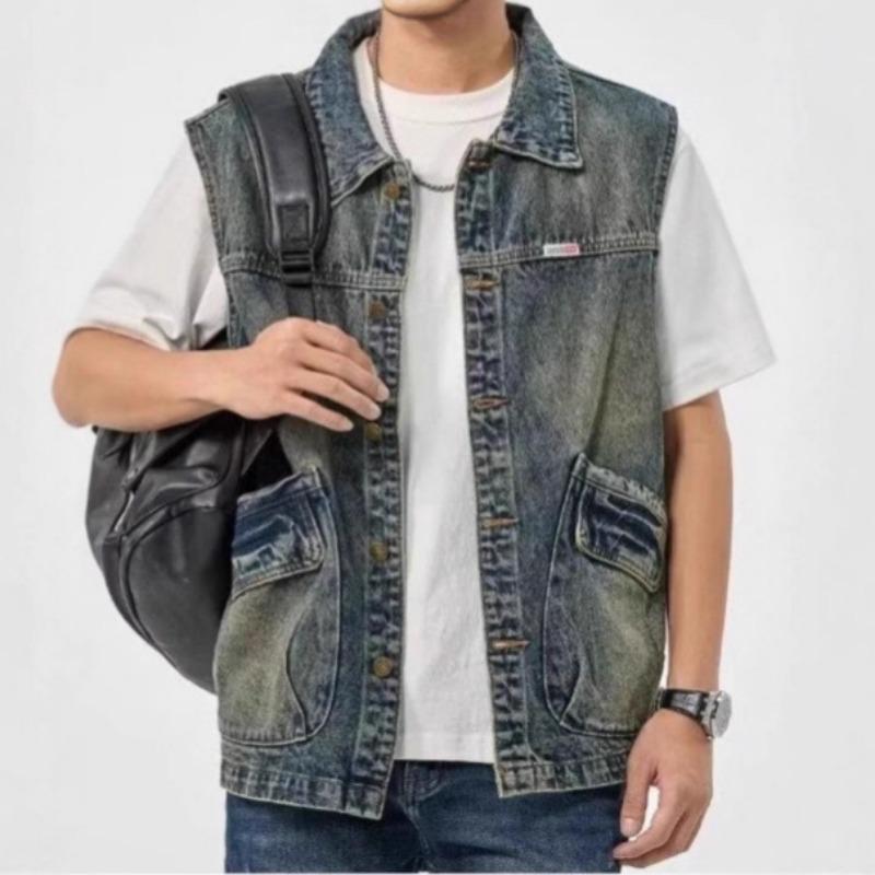 Mens Retro Denim Vest Loose Large Size Sleeveless Casual Work Jacket Vest