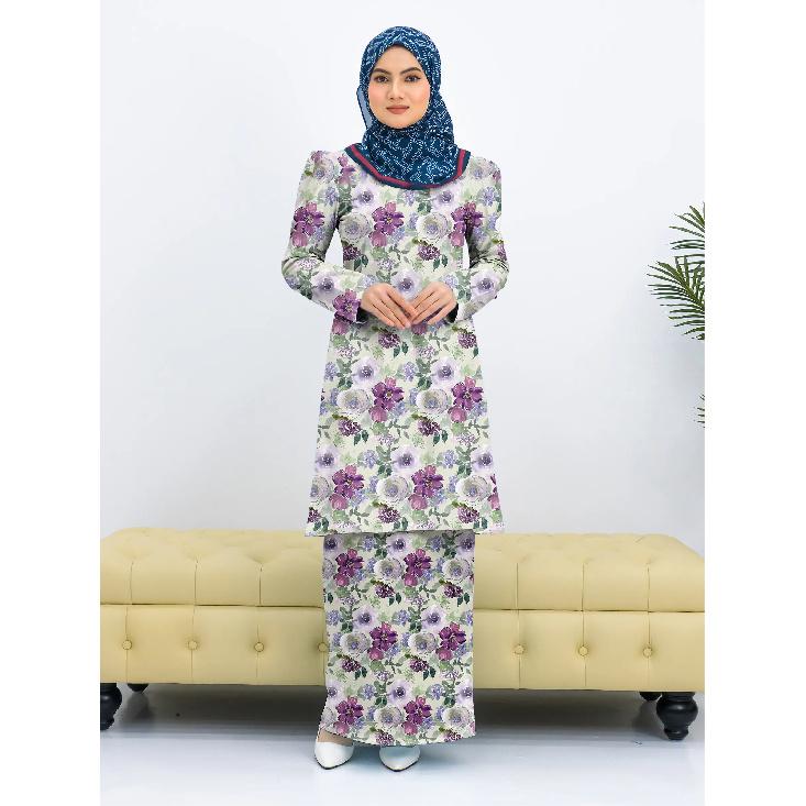 Traditional ink painting floral full body print pattern Pahang stand ladies Muslim suit comfortable breathable elegant Islam ladies dress