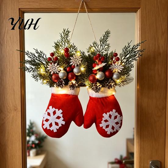 Xmas Door Hanger Christmas Mitten Hanger, Red White Glove Ornament with Pine Cone Berries, Seasonal Fabric Decorations Holiday Wall Decor for