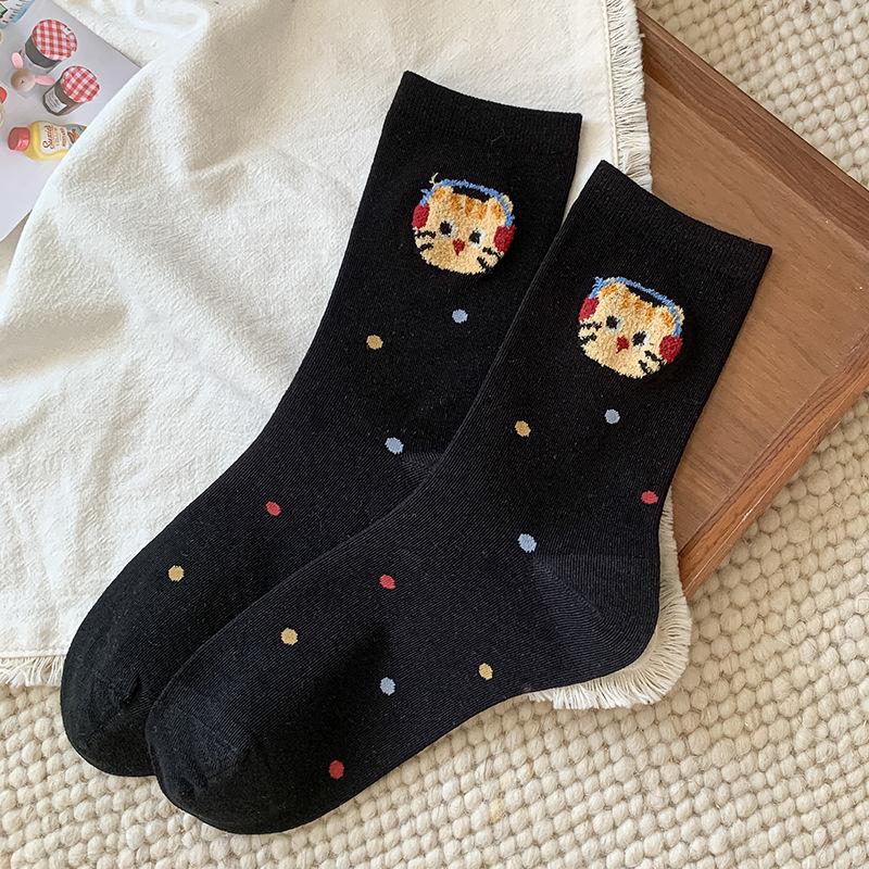 Cute Female Cartoon Mid-calf Socks for Women, Plush Bear Polka Dot Sweet Boneless Women's Socks