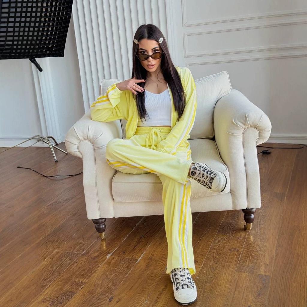 European and American velvet color matching two-piece set stand-up collar zipper jacket drawstring three bars wide-leg pants set women