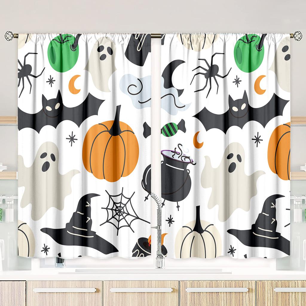 Spooky Halloween Print Curtains 2-Piece Polyester Set for Bedroom Living Room Study Gothic Holiday Window Decor