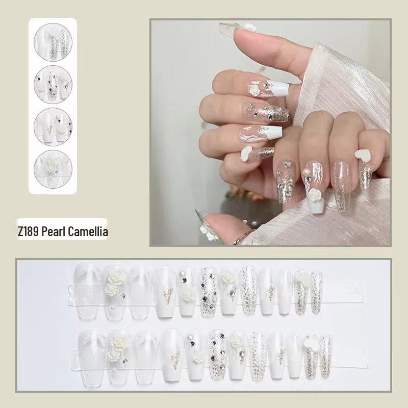 

Camellia White Nail Tips: Spring/Summer Beautiful Press-On Manicure Z191 White Camellia [Glue]