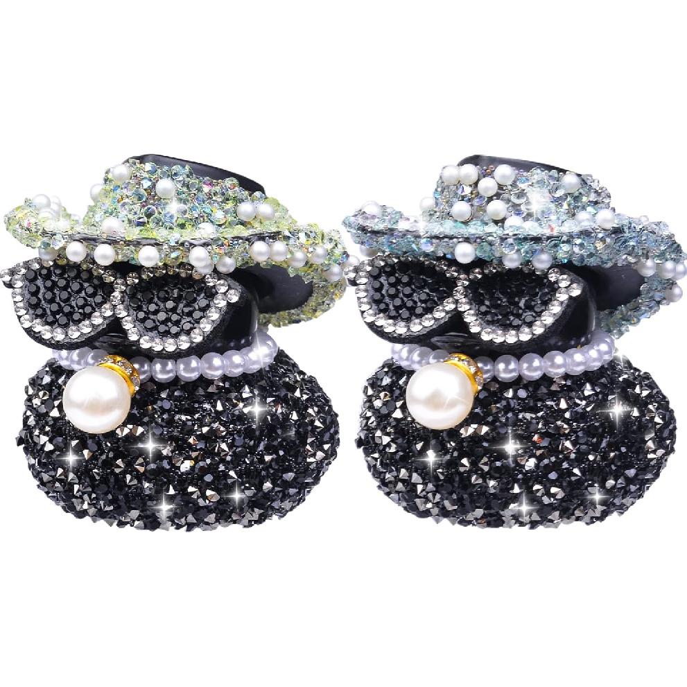 Rhinestones Rubber Duck Car Ornaments, 2Pcs Funny Diamond Ducks Car Dashboard Decorations Duck Accessories with Mini Shiny Cowboy Hat Necklace and