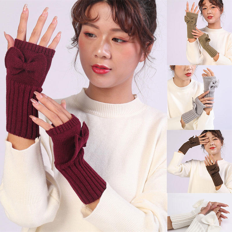 Women Short Bow Cable Knitted Warm Fingerless Gloves Outdoor Stretchy Arm Warmers Office Typing Wrist Gloves