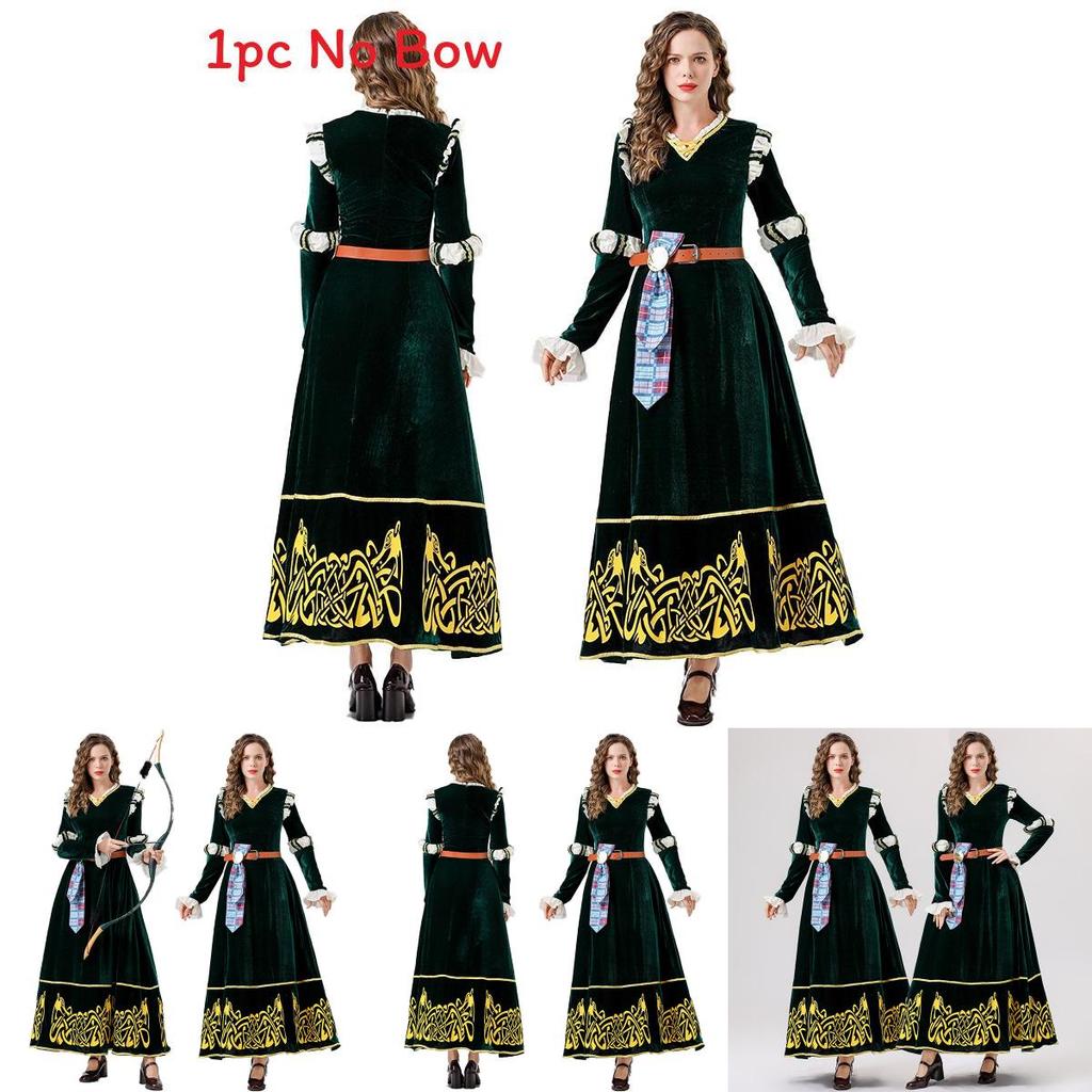 European Medieval Queen Costume With Green Velvet Cotton Fabric For Halloween Cosplay Party