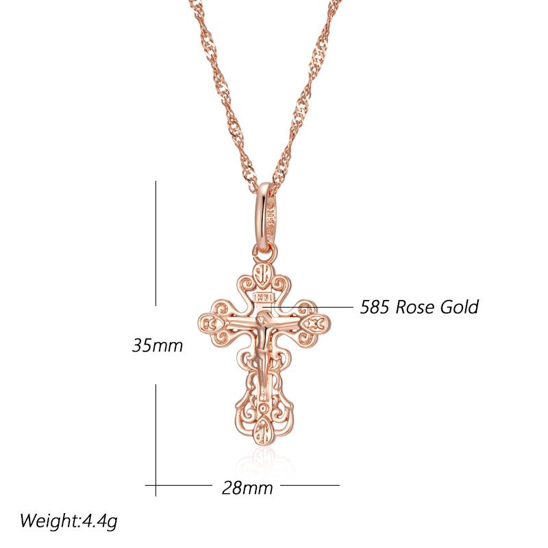 Luxury  Rose Gold Color Cross Pendant Necklace For Women Men Orthodox Church Jesus Glossy Charm Daily Fine Jewelry