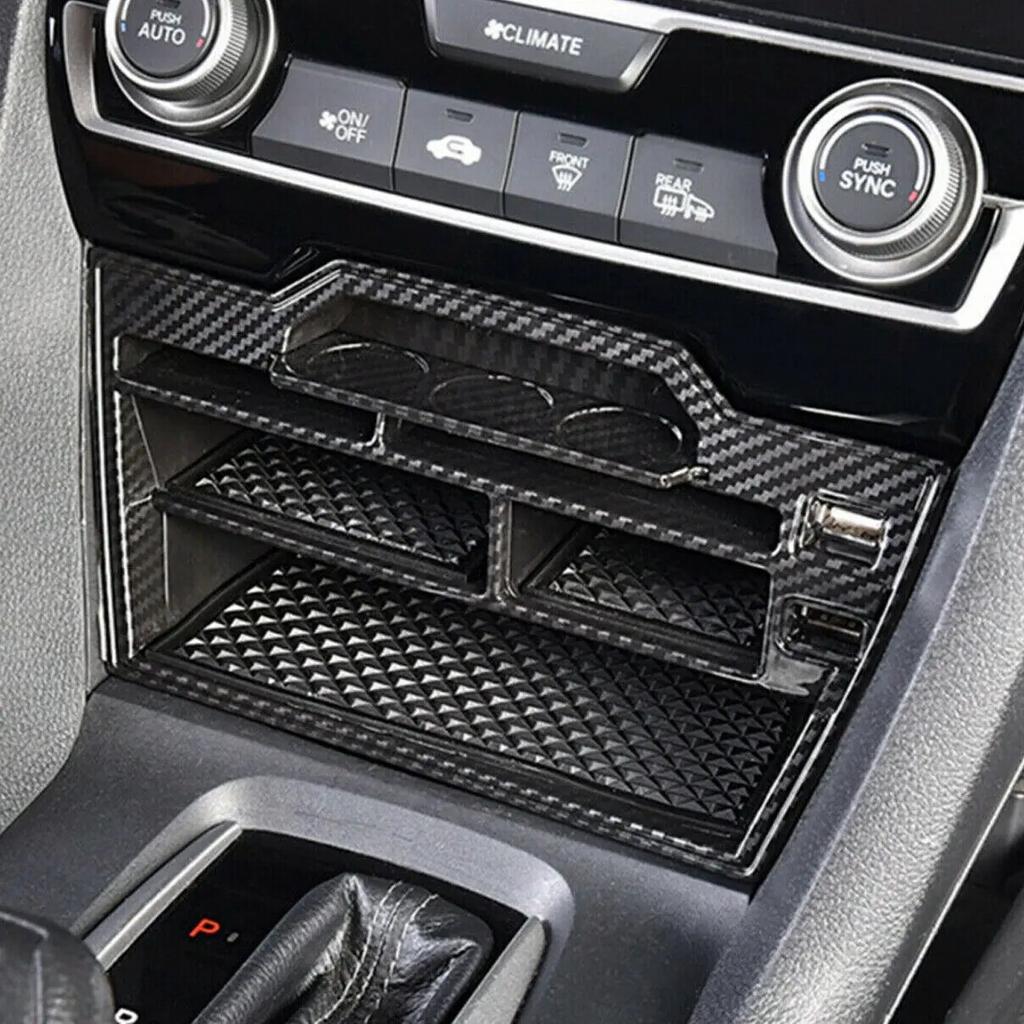 For 2016- Honda Civic Car Accessories Interior Carbon Fiber Console Storage Box With USB Port