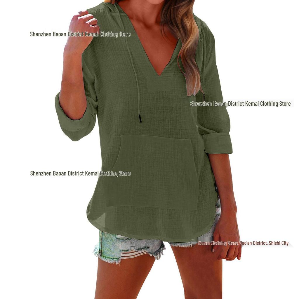 European & Asian 2025 Spring/Summer Women's V-Neck Long Sleeve Beach Hoodie with Pocket
