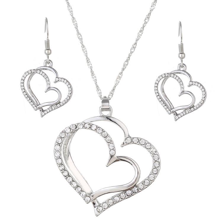 European and American Wedding Jewelry Set with Double Heart Earrings and Necklace