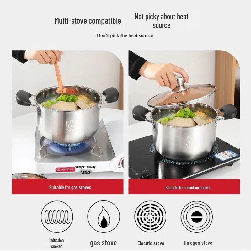304 Stainless Steel Multi-Purpose Cookware: Soup, Milk, Baby Food, Porridge, and Hot Pot for Gas and Induction Stoves.