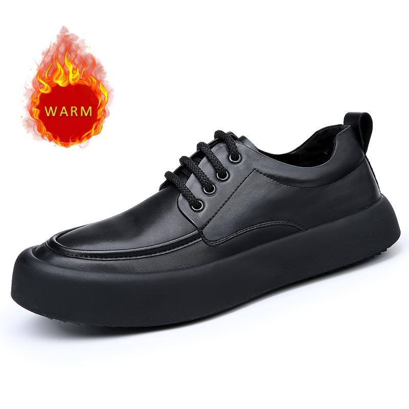 Minimalist White Men's Leather Casual Shoes Conference Business Shoes Winter Plush Men's Thick Soles Height Increasing Shoes