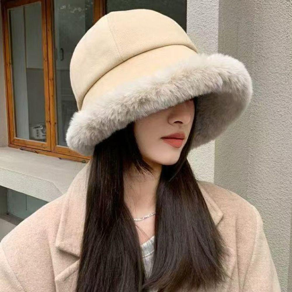 Soft Velvet Panama Hat Windproof Warm Cap Fashion Fluffy Fur Bucket Hat  Riding