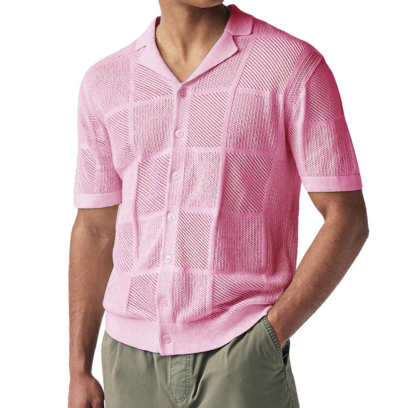 

Новинка 2024 года, мужские повседневные топы, летние крутые трикотажные мужские рубашки с короткими рукавами и лацканами, однотонная полая дышащая одежда M розовый