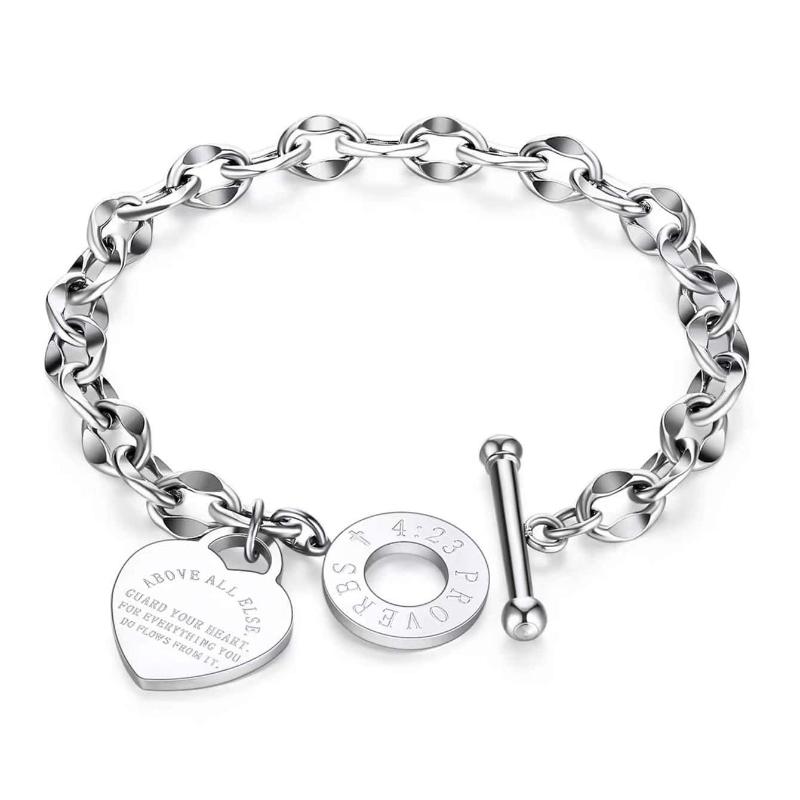 1pc Women's Stainless Steel Classic Heart Engraved Toggle Clasp Titanium Steel Chain Bracelet Valentines,Mom,Mother,Mother's Day,Gift