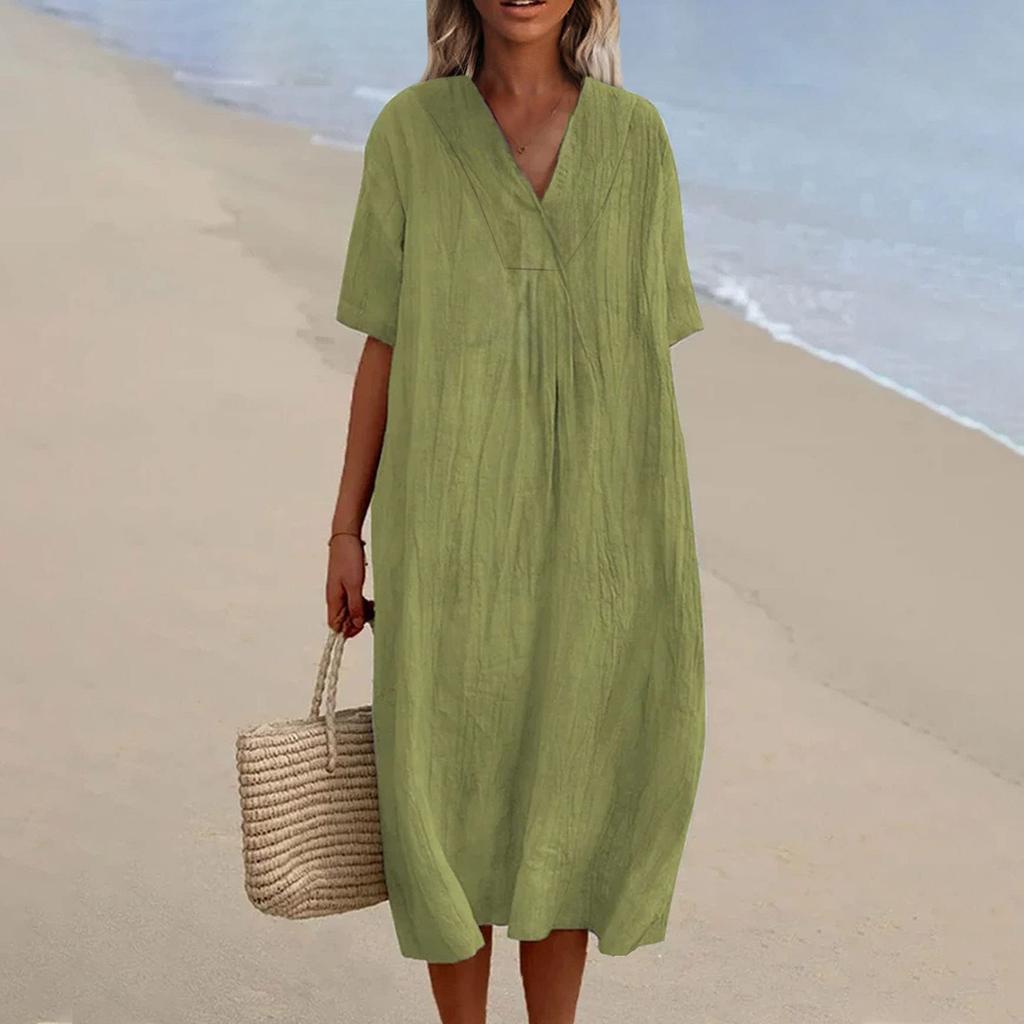 Women's V-Neck Casual Dresses Beach Holiday Color Vacation Leisure Dresses Loose Cotton Linen Shirt Dress