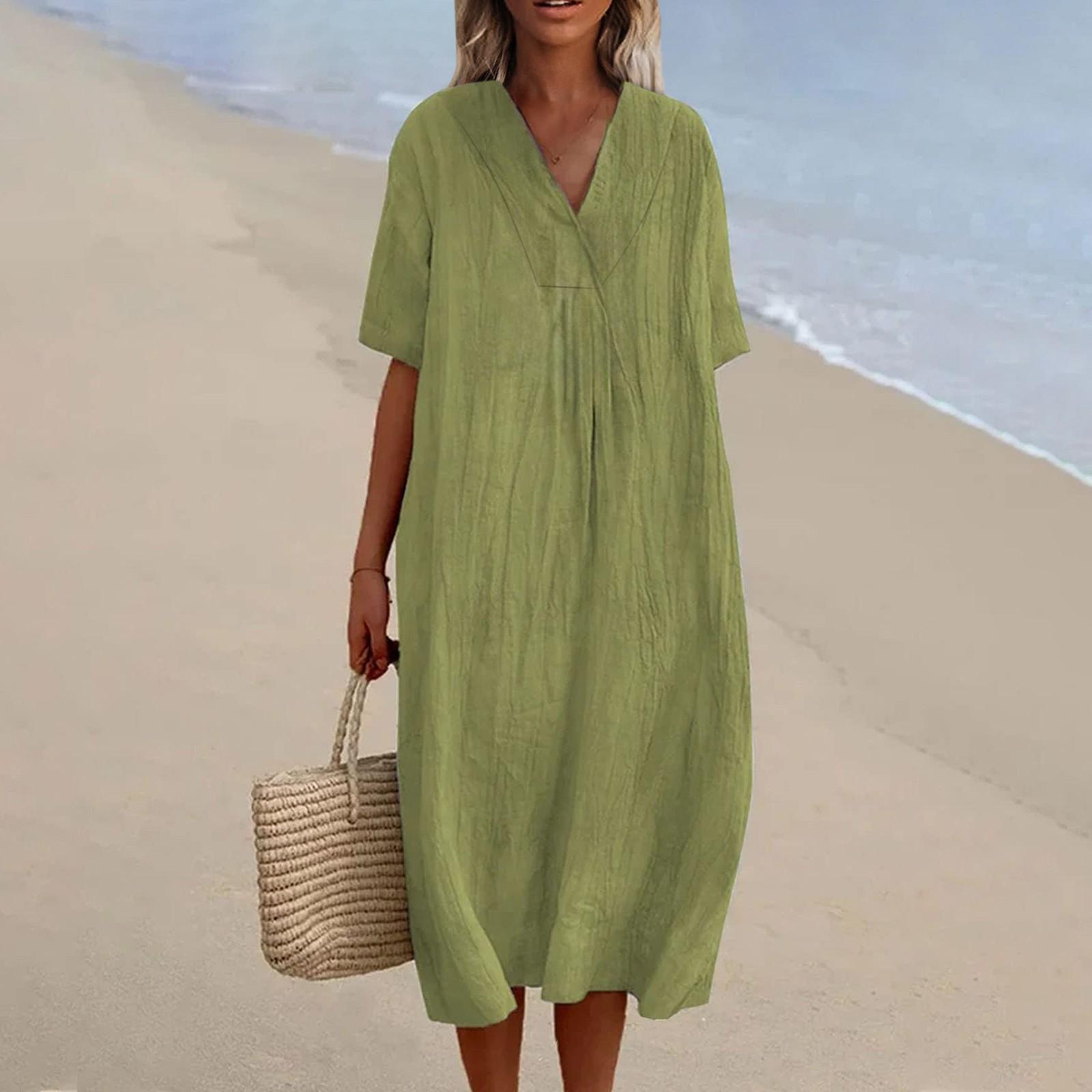 

Women s V-Neck Casual Dresses Beach Holiday Color Vacation Leisure Dresses Loose Cotton Linen Shirt Dress XL