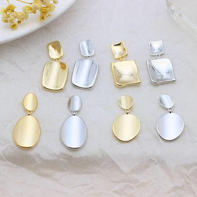 Cross-Border Silver Needle Earrings for Women - Real Gold Color, Geometric Round, Square & Oval Shapes, Smooth Alloy Design.