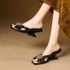 French holiday style high-heeled cool slippers women's outer wear summer 2025 new soft leather rhinestone bow wedge sandals