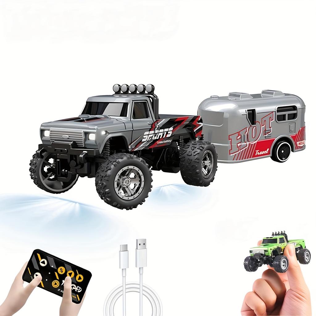 1:64 Scale Mini RC Truck Toy 2.4GHz Off-Road Alloy Truck with Trailer Body Lights Crawler Toy Adjustable Speed Steering Collectible Truck Model Gift