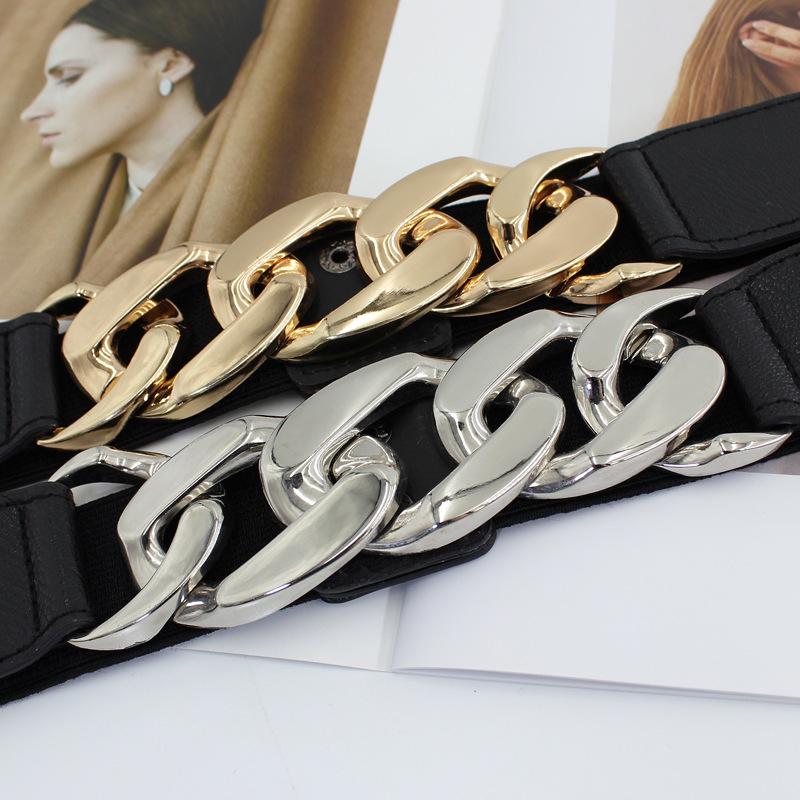 Elastic Belt Women'S 8-Character Metal Chain Snap Buckle With Dress Coat Suit Temperament Elastic Waist Seal