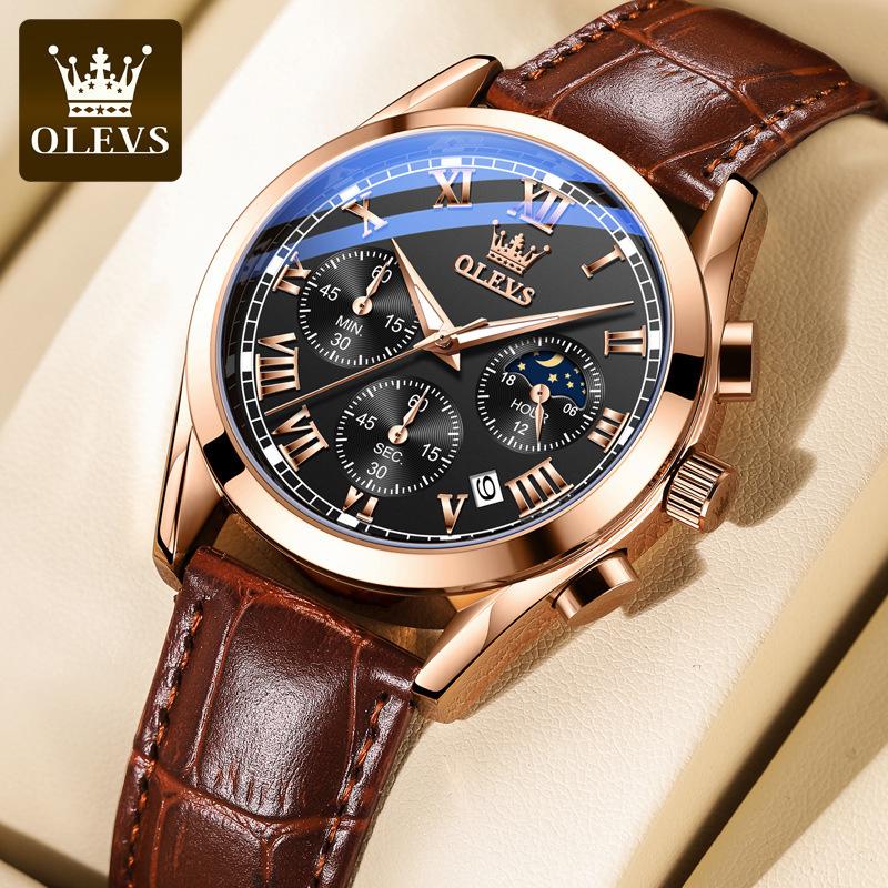 Oulishi Men's Waterproof Luminous Chronograph Quartz Watch with Three-Eye, Six-Hand Design.