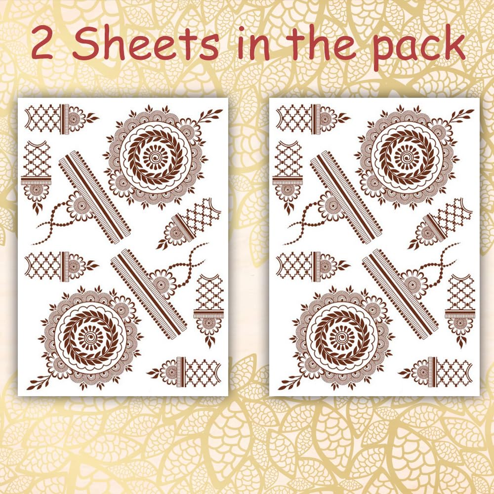 S.A.V.I 2 Sheets Henna Mehendi Tattoo Stickers - Waterproof, Natural Color, Women's Hands, Arms - 21x15cm
