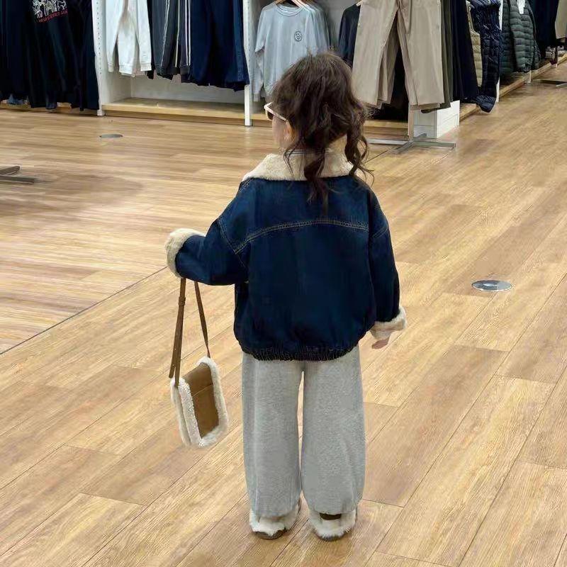 2024 Girls' Winter Fleece-Lined Denim Jacket & Pants Set