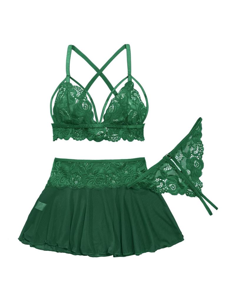 Sexy Mini Skirt with Thong Floral Lace Sheer Bralette Lingerie Set 3 Piece Otufits
