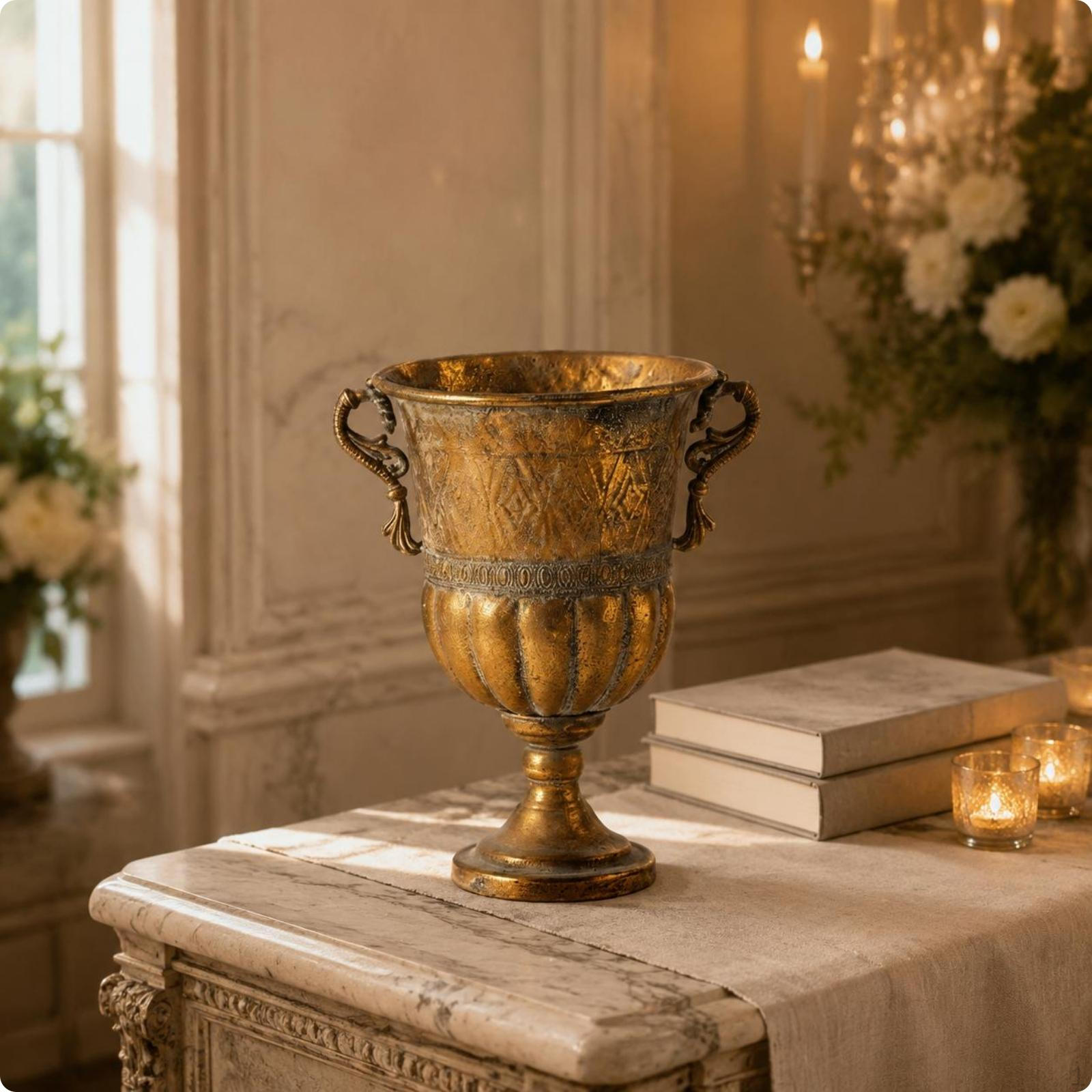 Golden Patina Finish Vase Distressed Antique Metal Retro Style Home Decor for