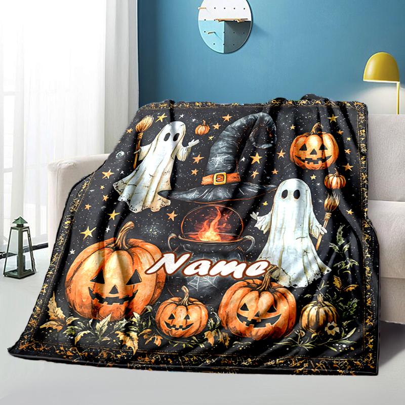 1PC Custom Name Halloween Ghosts Pumpkins outdooor Flannel blankets Throw Blanket All-Season Throw Gift Bedspread for Couch, Bed, Camping Holiday Birt