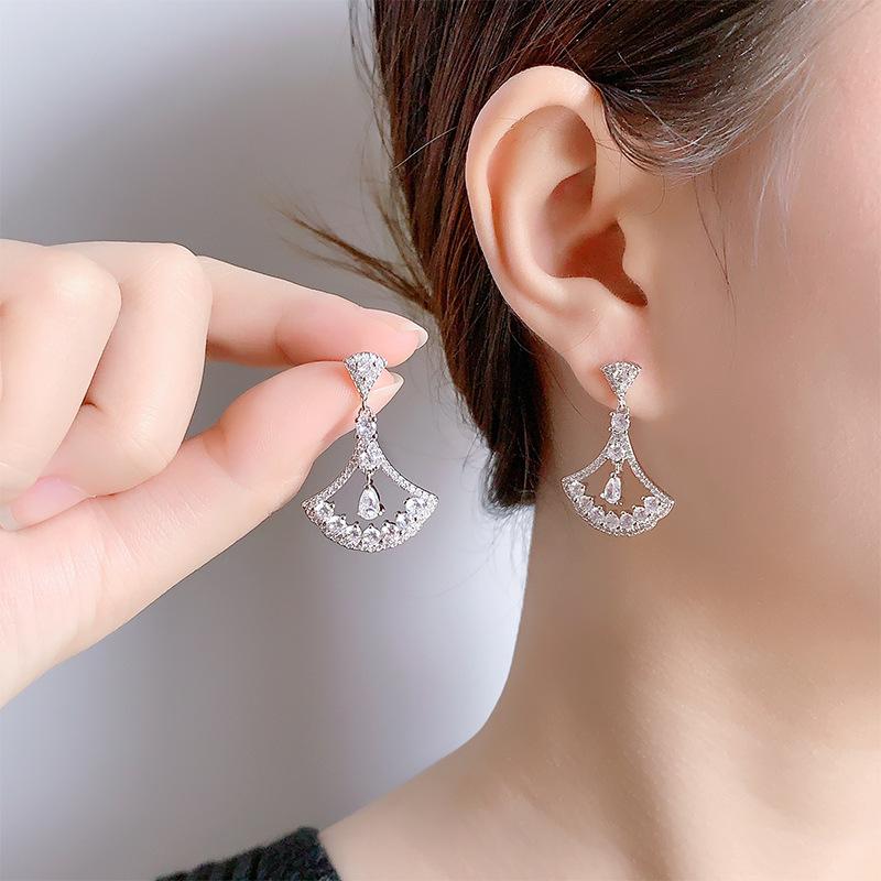 Vintage Water Drop AAAAA Zircon Fan Earrings For Women  Copper Elegant Dress Earrings Party Birthday Wedding Bridal Gift