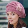 Lady Flower Beret Hat Vintage French Style Wool Beret Hat Double Layer Thickened Winter Knitted Hat for Women