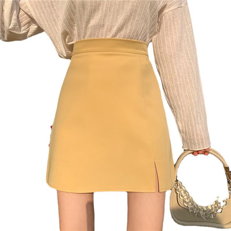 2024 Autumn Black High-Waist A-line Midi Skirt with Slit for Women