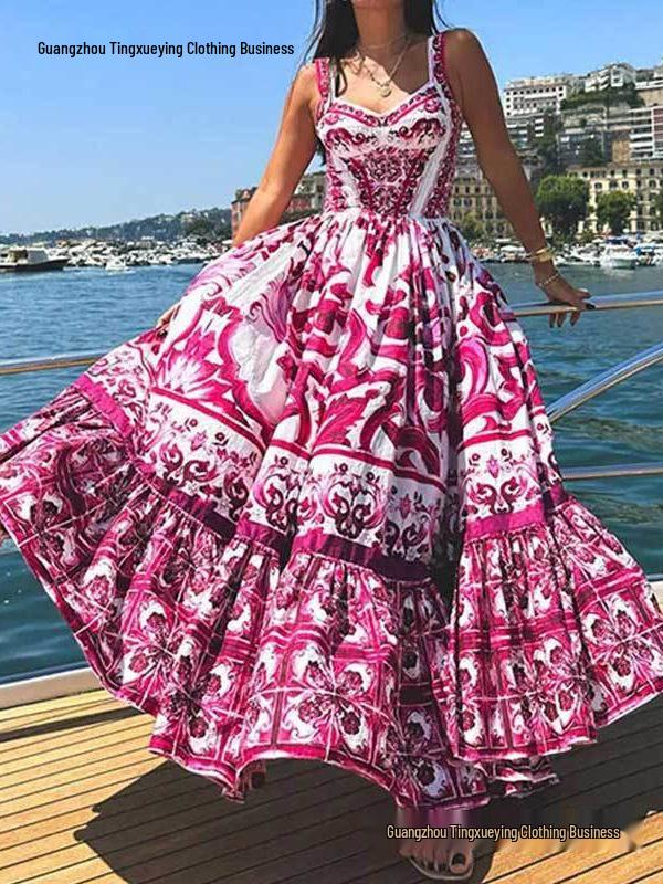 Bohemian Style Mid-Length Floral Print Dress with Elegant Wide Hem