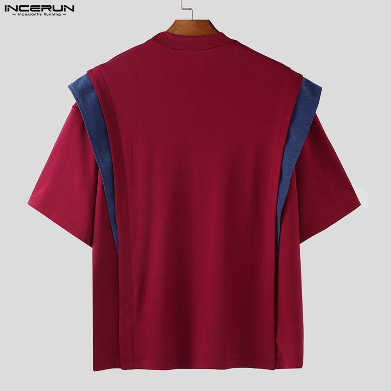 INCERUN Men Round Neck Short Sleeve Patchwork Oversized T-Shirts Tops