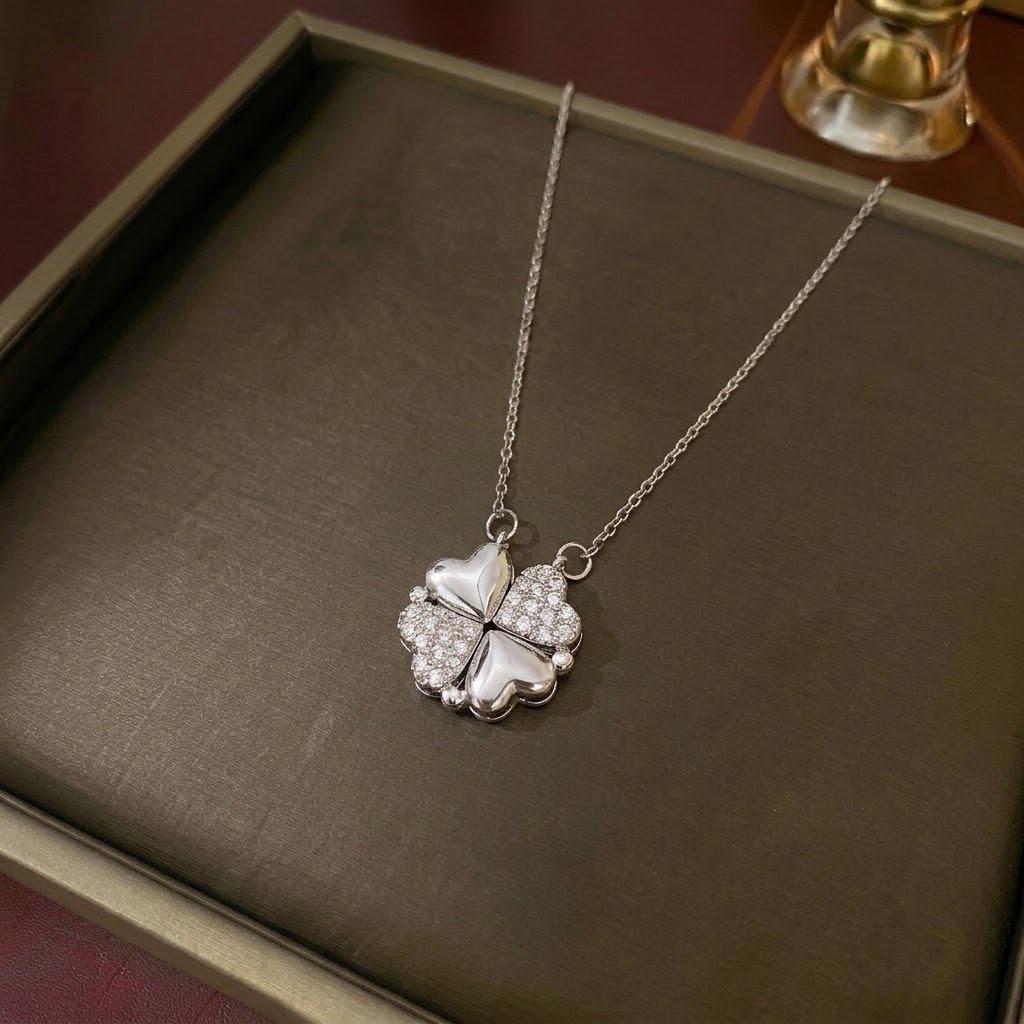 Women's Heart-Shaped Necklace with Four-Petal Flower, Cubic Zirconia, Titanium Steel Clavicle Chain - Elegant and Versatile Accessory