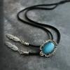 Men Vintage Bolo Tie Western Cowboy Antique Stone Feathered Pendant Shirt Collar Jewelry Braided Rope Necktie Neckwear